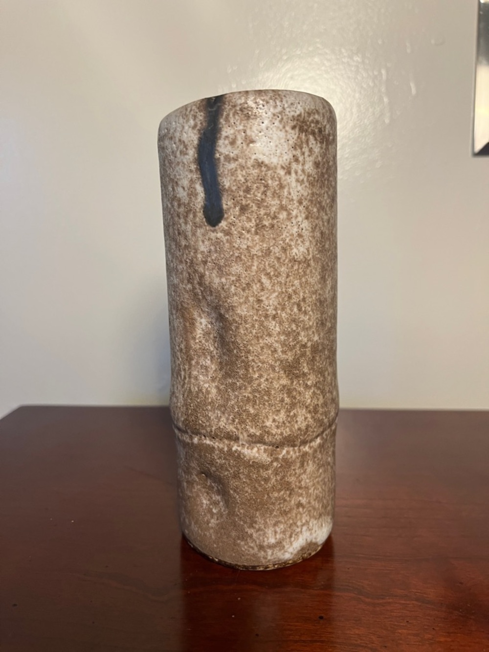 McCarty Pottery signed Vintage Brown and White Bamboo Ceramic Bud Vase 6.5 tall
